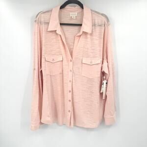 Caslon Long Sleeve Button Up Shirt Chest Pockets Pink Cotton Stretch Top 2X